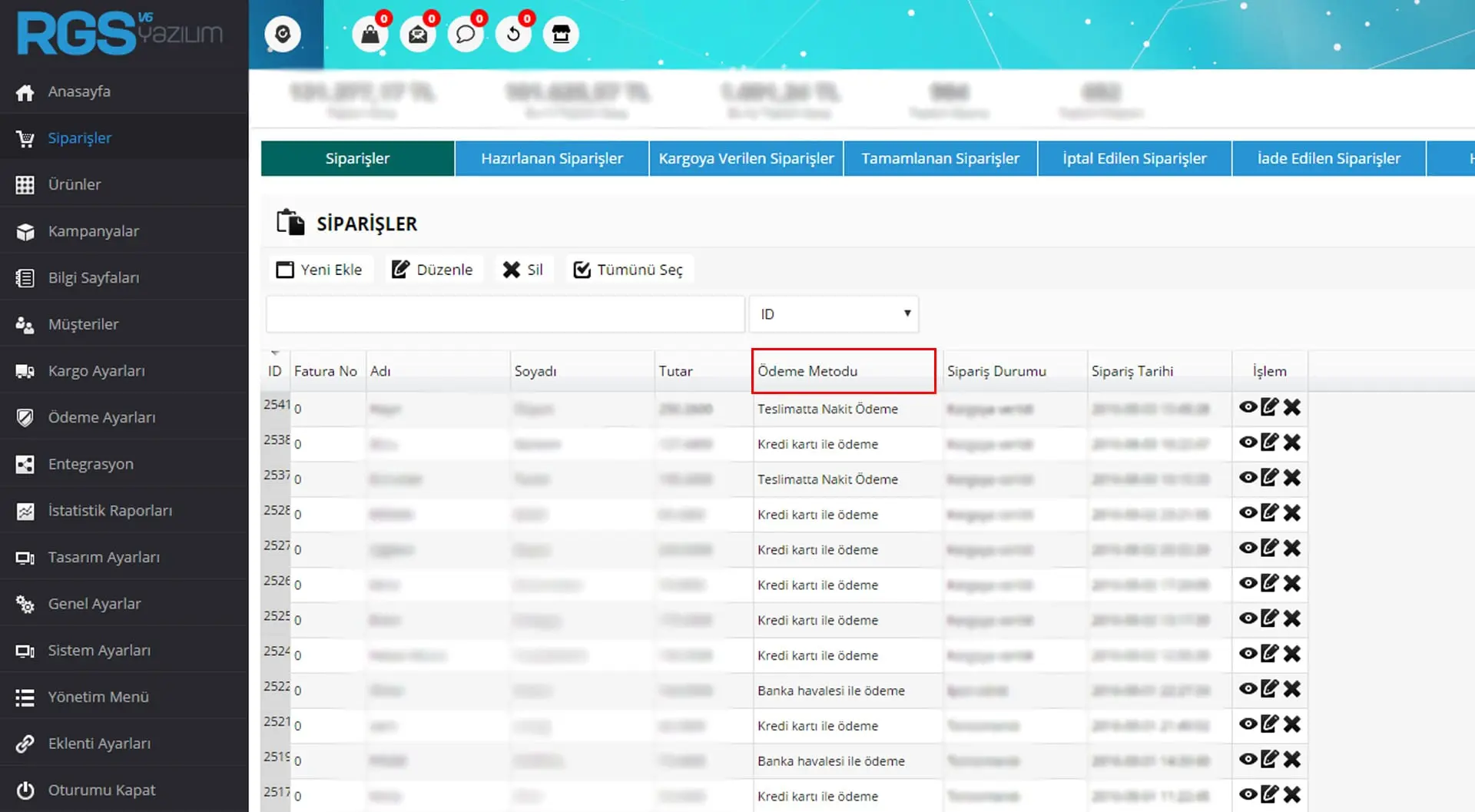Sipariş Listesine Ödeme Metodu Alanı Eklendi